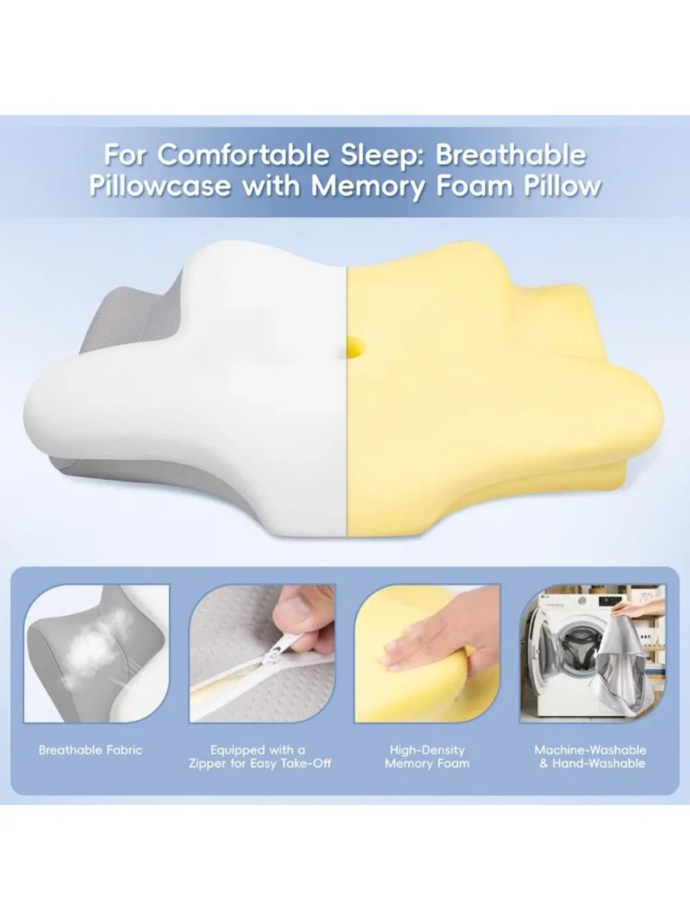 Ergonomic Memory Foam Neck Pillow for Pain Relief, 2 Heights, Breathable Cover